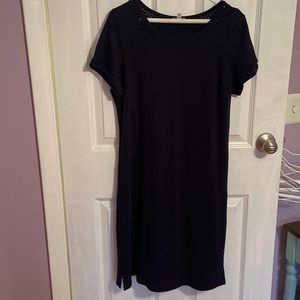 Talbots short sleeve Navy dress 38” form fitting, stretch material